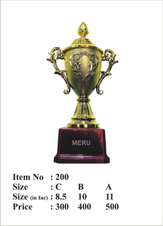 Gold fibre trophy cup on maroon base; ideal for awards and recognition.