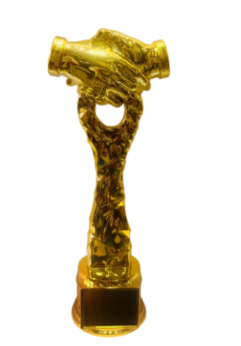 Gold handshake fibre trophy symbolizing partnership