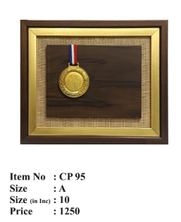 Gold medal wooden memento with custom text for corporate trophy