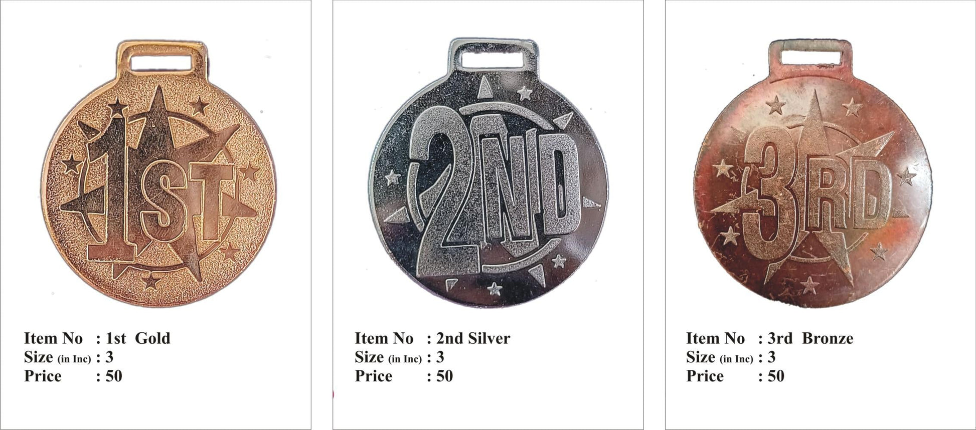 Gold; silver; and bronze medals set for awards ceremonies.