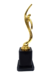 Gold sports trophy featuring a stylized figure reaching upwards