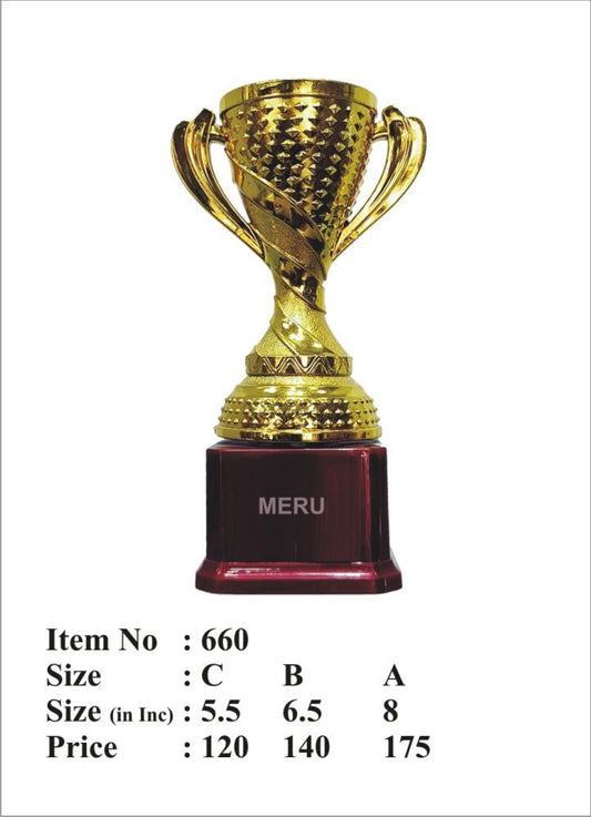 Gold trophy cup on maroon base; ideal for awards and recognition.