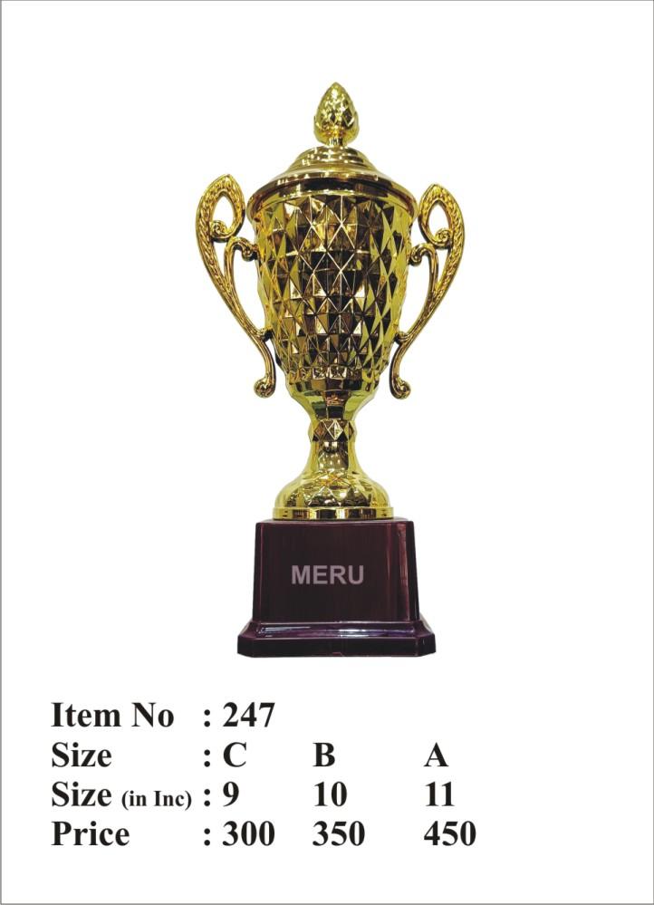 Elegant gold trophy cup with ornate handles.