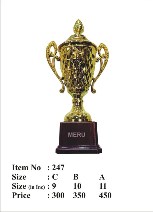 Elegant gold trophy cup with ornate handles.