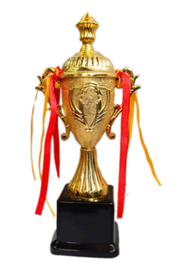 Elegant gold trophy cup with red and gold ribbons
