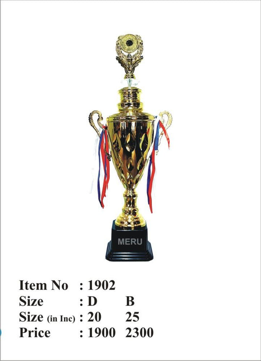 Gold trophy cup with red; white; and blue ribbons on a black base. Perfect for awards and recognition.