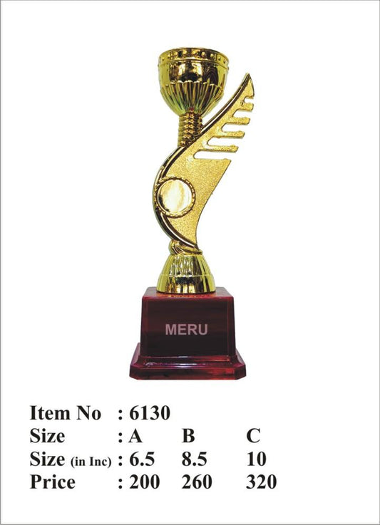 Gold winged fibre trophy on maroon base; perfect for awards and recognition. 6130