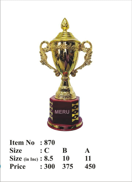 Gold award trophy cup on maroon base 870
