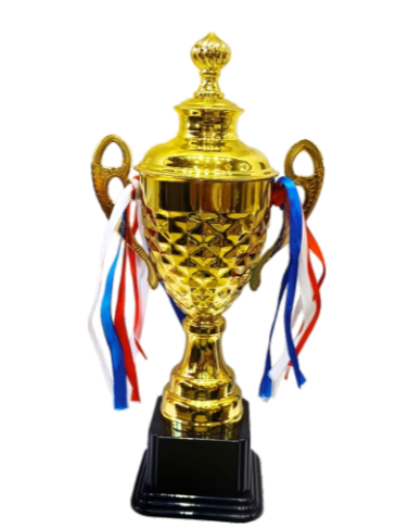 Gold metal trophy cup with red; white; and blue ribbons on a black base. Perfect for sports awards or academic awards.