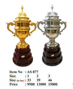 Gold and silver trophies on wooden bases with product details.
Elegant gold cup trophy