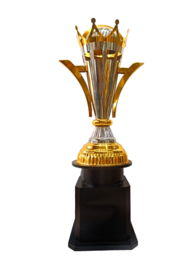 Decorative trophy with gold and black design on a white background