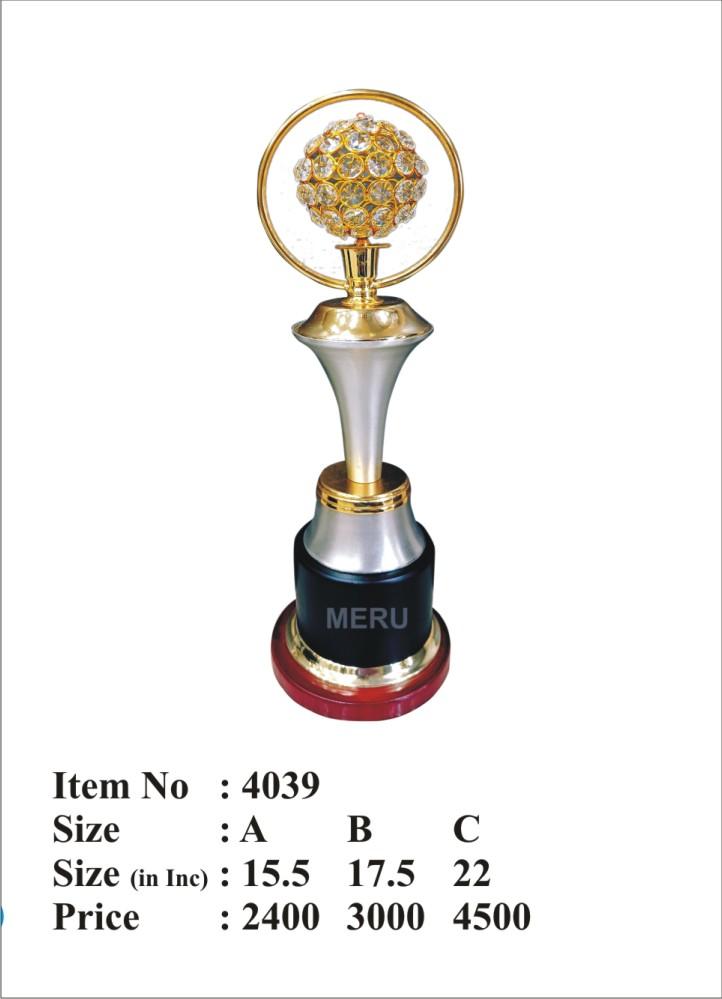 Premium crystal trophy with a globe encased in a gold ring.
