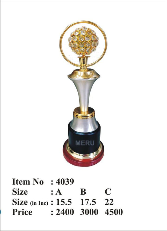 Premium crystal trophy with a globe encased in a gold ring.