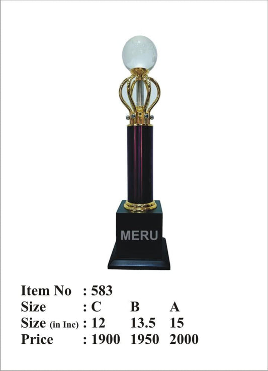Premium crystal globe trophy with gold accents and burgundy column on a black base. Perfect for awards and recognition.