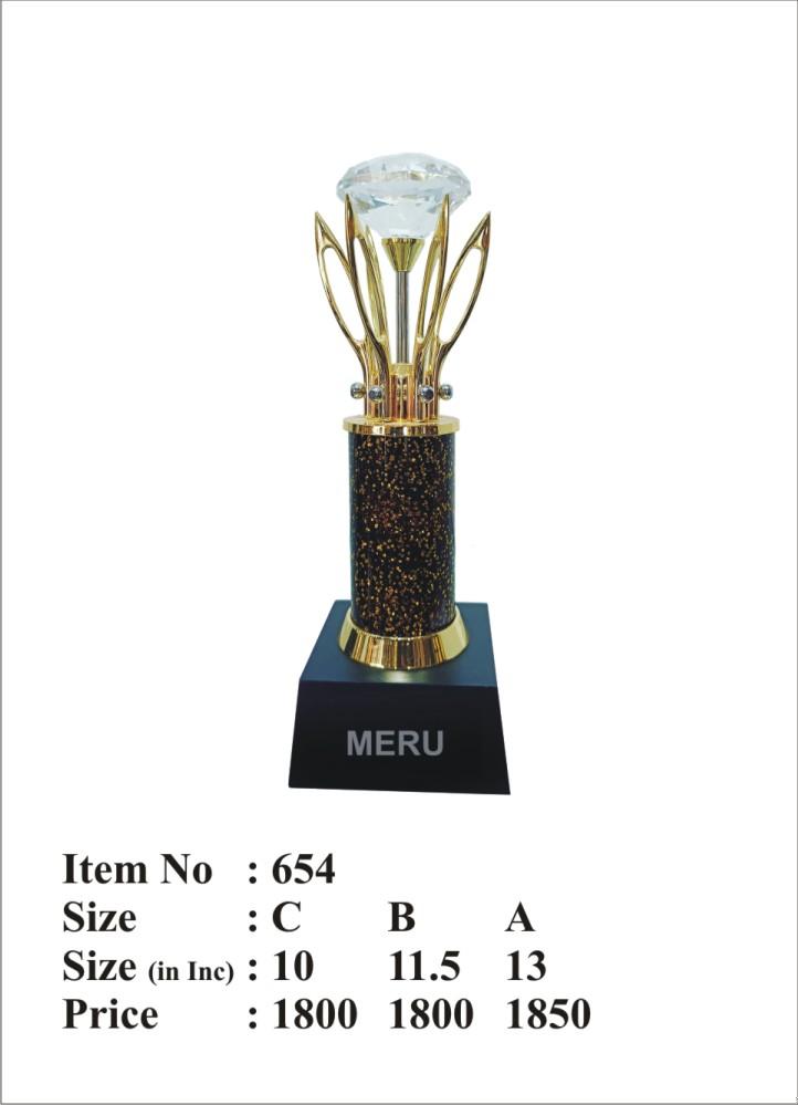 Close-up of a premium crystal corporate trophy with gold accents