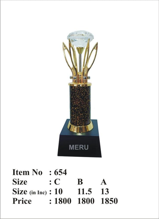 Close-up of a premium crystal corporate trophy with gold accents
