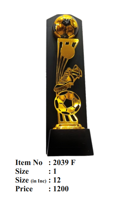 Gold soccer trophy with black base on a white background