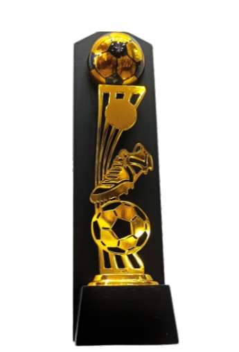 Gold and black premium football trophy against a white background. This unique trophy design features a football boot kicking a football and is perfect for awarding excellence in football.