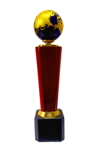 Gold and blue globe trophy on red column with black base. Perfect for international or global achievement awards.