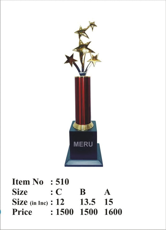 Gold star award trophy on a maroon and black base.