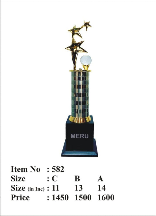 Gold star premium trophy with crystal orb on a silver and black base. Perfect for awards and recognition.
