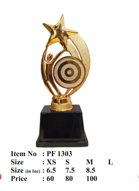 Gold trophy with star and circular design on a black base, labeled PF 1303 with size and price details.